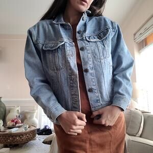 Vtg Lee Distressed Denim Jean Jacket Light Blue